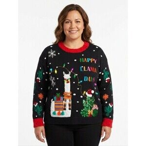 Happy Llama Ugly Christmas Sweater Embroidery Sequins Colorful Bling Women's L